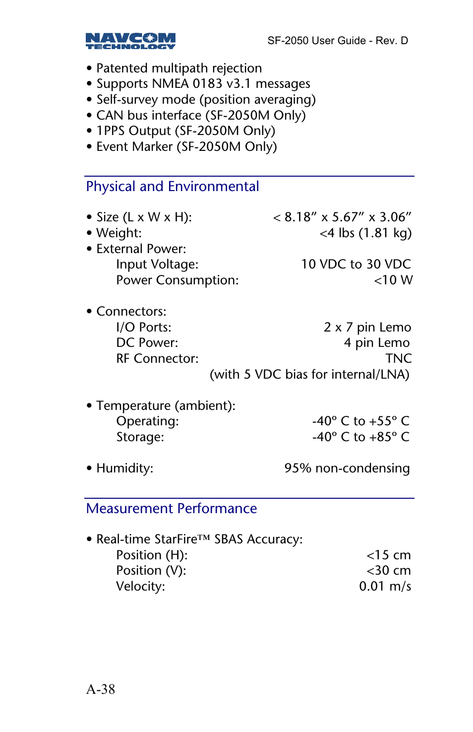 Physical and environmental, Measurement performance | NavCom SF-2050 Rev.D User Manual | Page 40 / 65