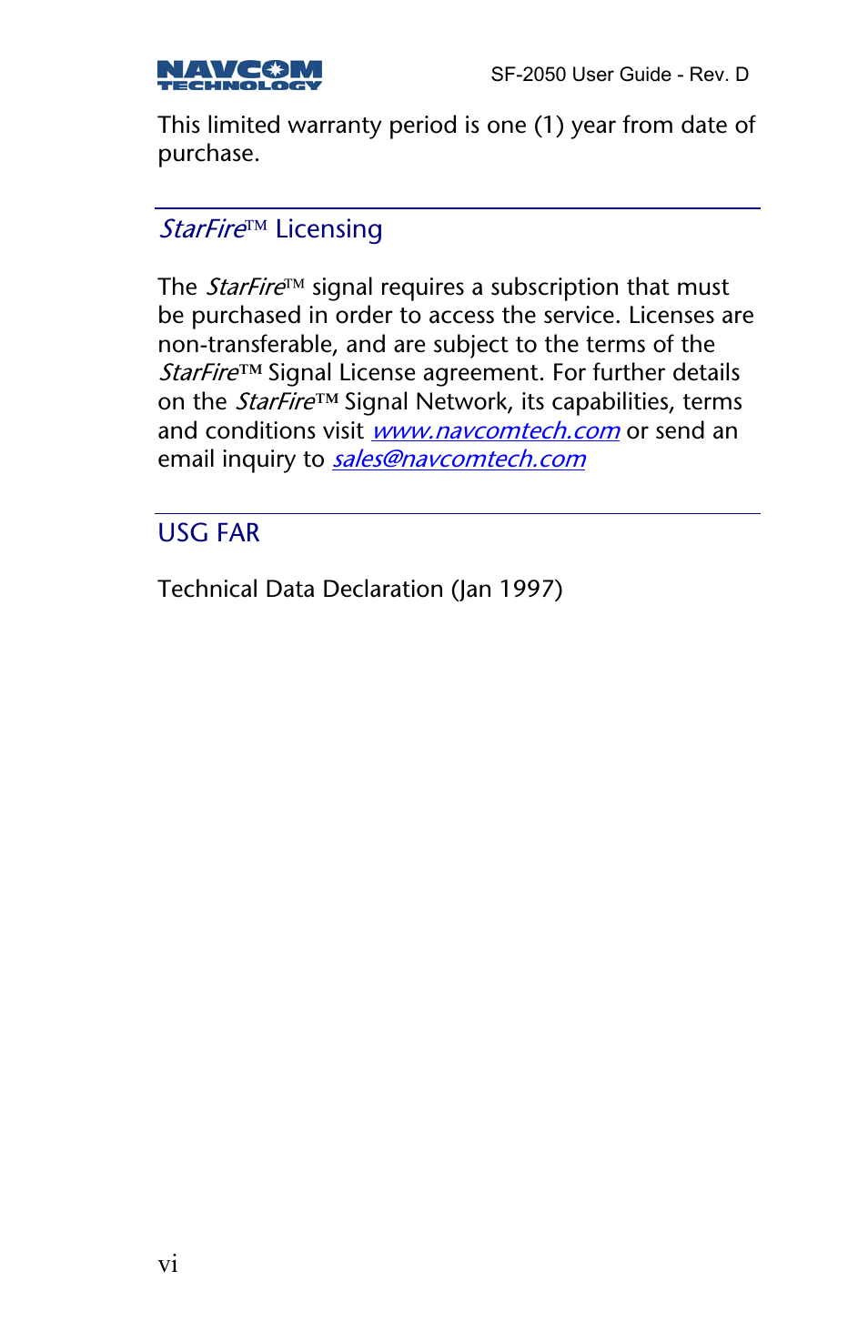 Starfiretm licensing, Usg far, Starfire | NavCom SF-2050 Rev.D User Manual | Page 8 / 65