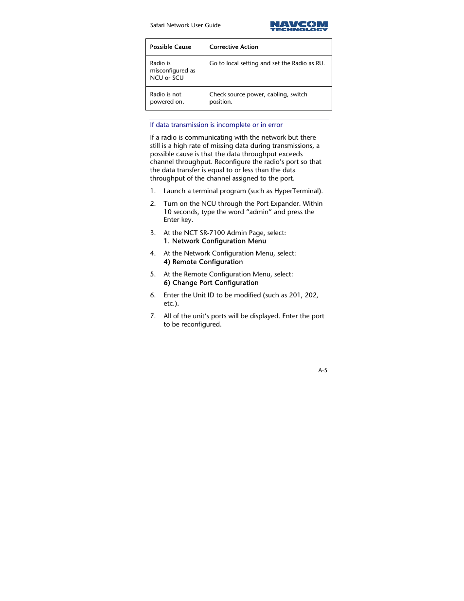 If data transmission is incomplete or in error | NavCom SR-7120 Rev.A User Manual | Page 103 / 117