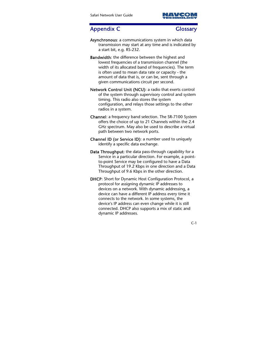 Appendix c glossary, Appendix c, Glossary | NavCom SR-7120 Rev.A User Manual | Page 109 / 117