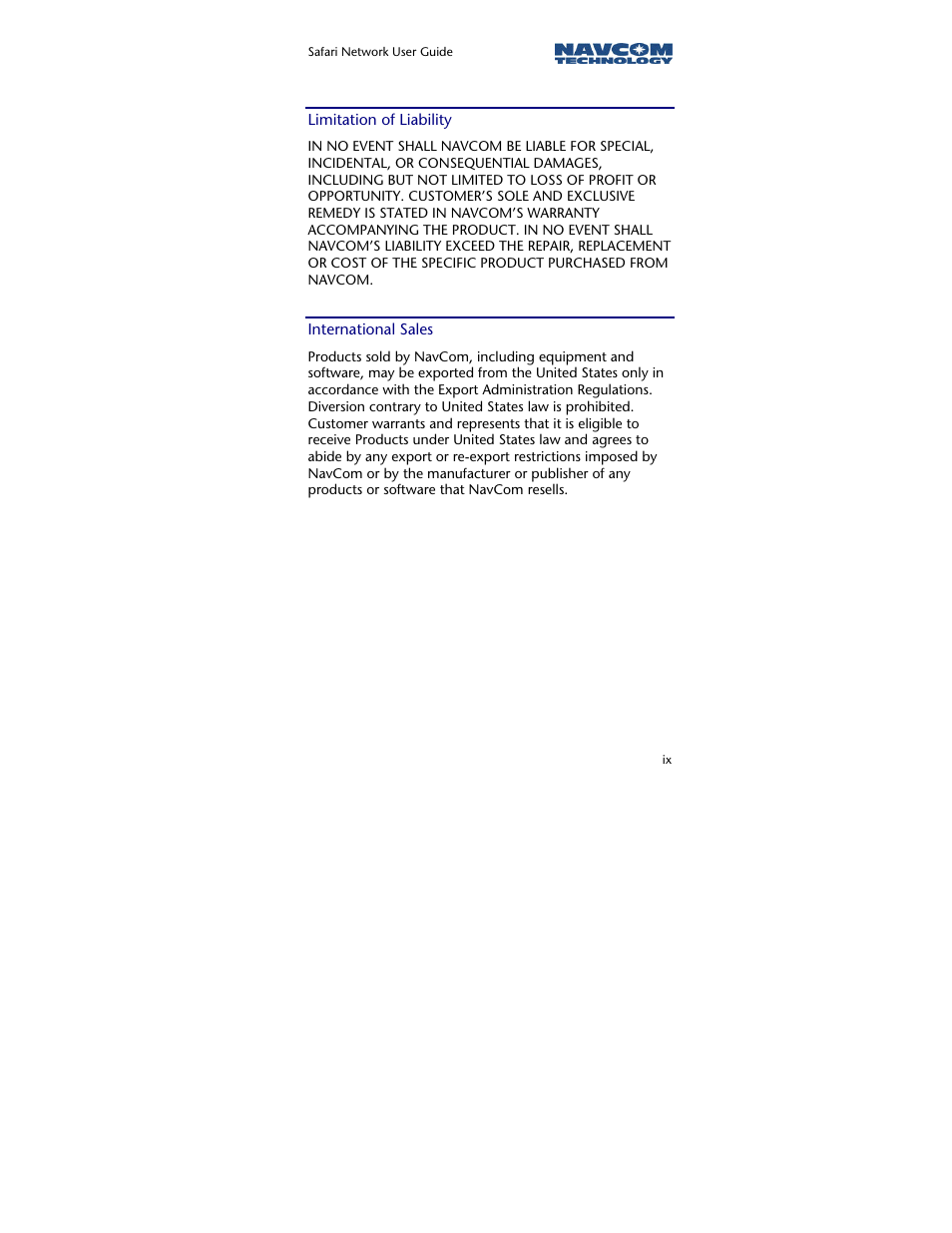 Limitation of liability, International sales | NavCom SR-7120 Rev.A User Manual | Page 11 / 117