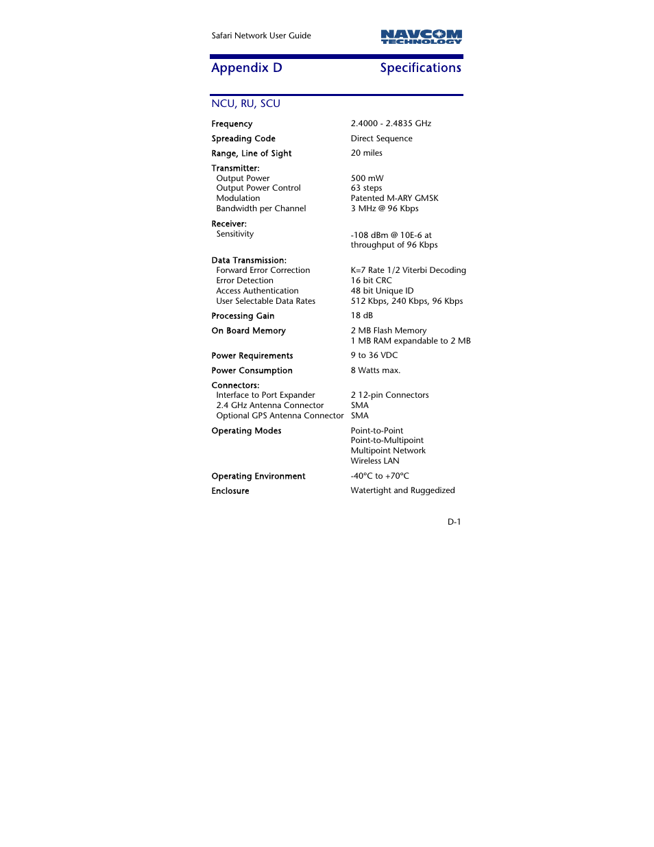 Appendix d specifications, Ncu, ru, scu, Appendix d | Specifications | NavCom SR-7120 Rev.A User Manual | Page 115 / 117