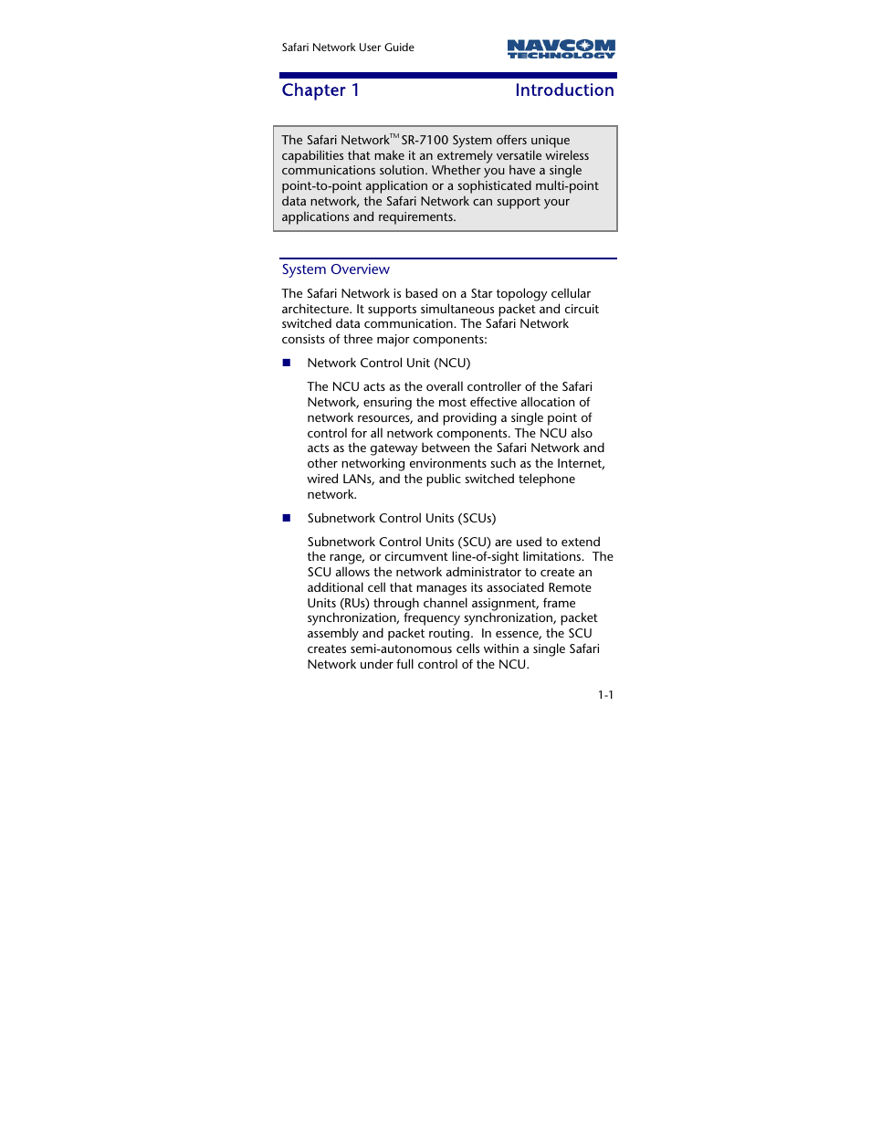 Chapter 1 introduction, System overview, Chapter 1 | Introduction | NavCom SR-7120 Rev.A User Manual | Page 13 / 117
