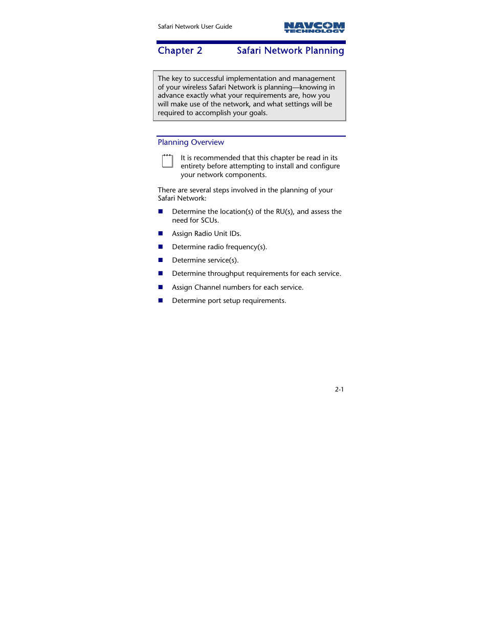 Chapter 2 safari network planning, Planning overview, Chapter 2 | Safari network planning | NavCom SR-7120 Rev.A User Manual | Page 27 / 117