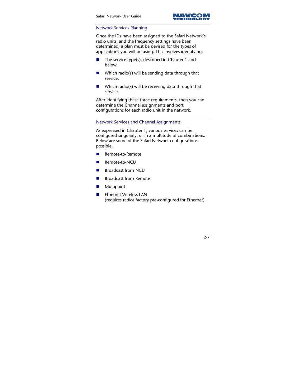 Network services planning, Network services and channel assignments | NavCom SR-7120 Rev.A User Manual | Page 33 / 117