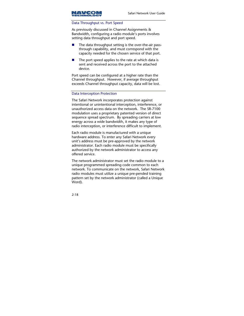 Data throughput vs. port speed, Data interception protection | NavCom SR-7120 Rev.A User Manual | Page 44 / 117