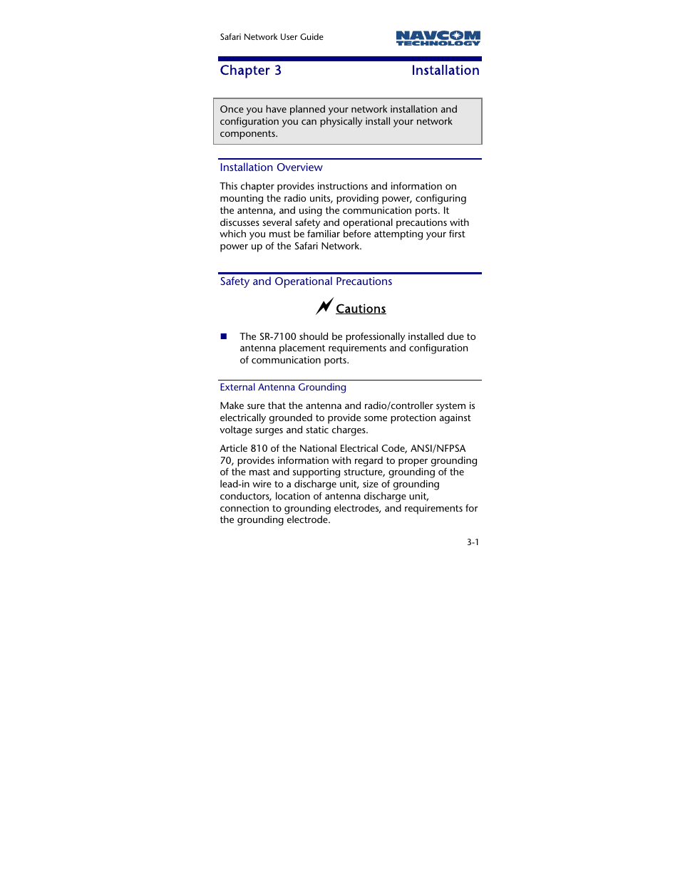 Chapter 3 installation, Installation overview, Safety and operational precautions | External antenna grounding, Chapter 3, Installation | NavCom SR-7120 Rev.A User Manual | Page 47 / 117