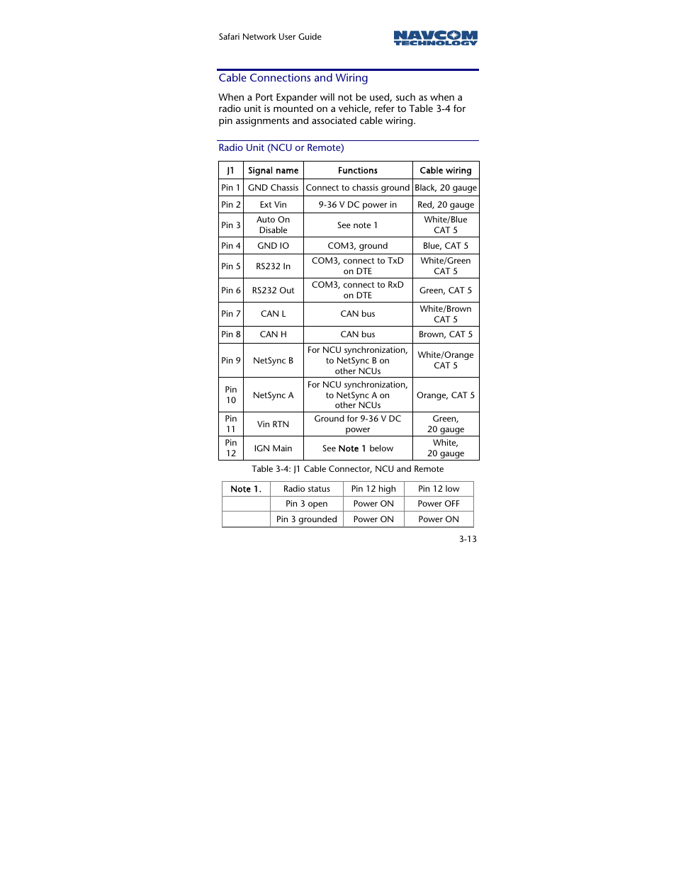 Cable connections and wiring, Radio unit (ncu or remote) | NavCom SR-7120 Rev.A User Manual | Page 59 / 117