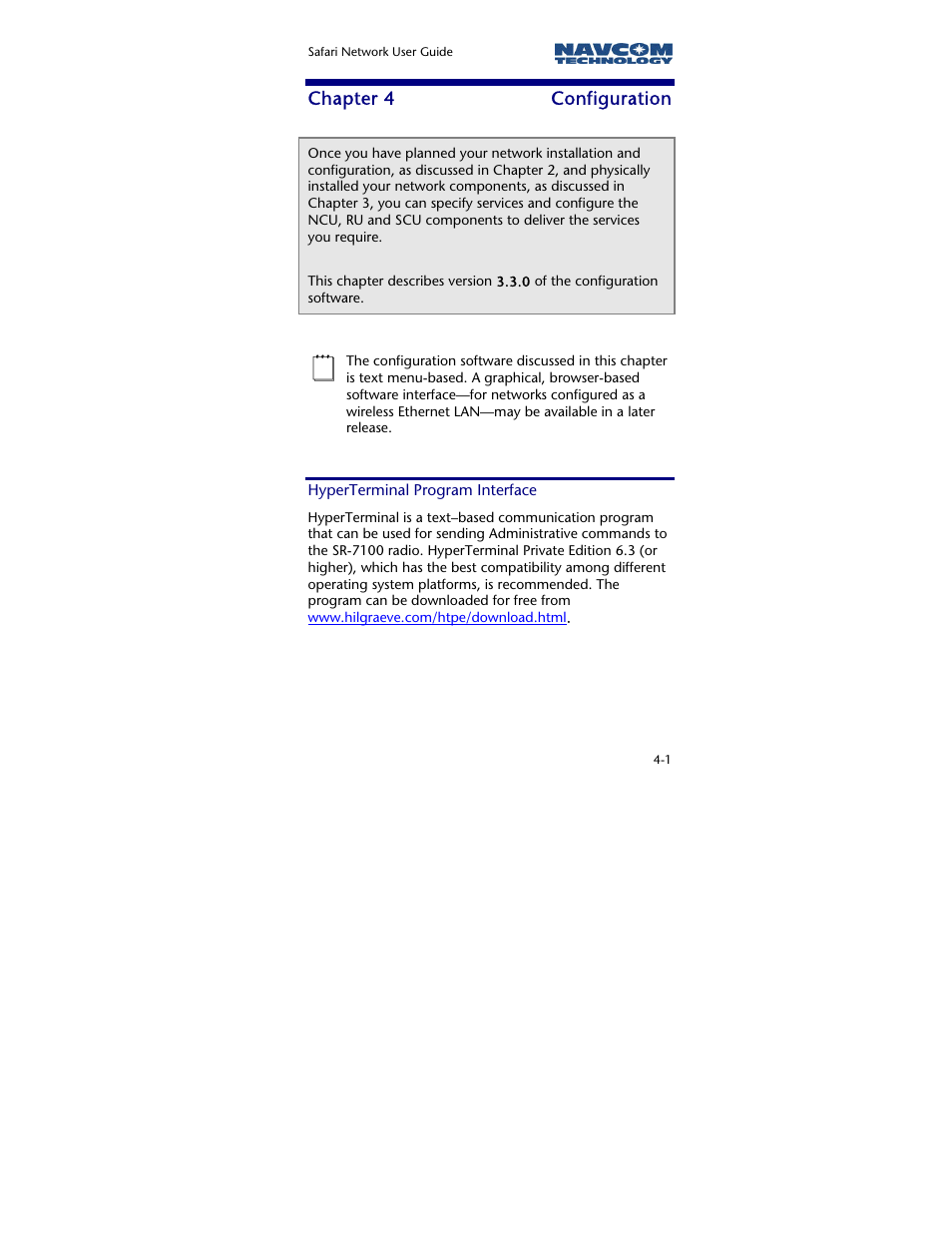Chapter 4 configuration, Hyperterminal program interface, Chapter 4 | Configuration | NavCom SR-7120 Rev.A User Manual | Page 63 / 117