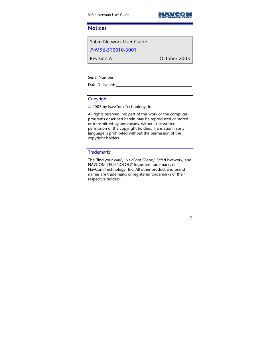 Notices, Copyright, Trademarks | Notices v | NavCom SR-7120 Rev.A User Manual | Page 7 / 117