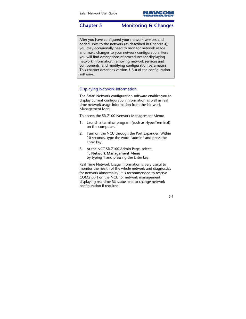 Chapter 5 monitoring & changes, Displaying network information, Chapter 5 | Monitoring & changes | NavCom SR-7120 Rev.A User Manual | Page 89 / 117