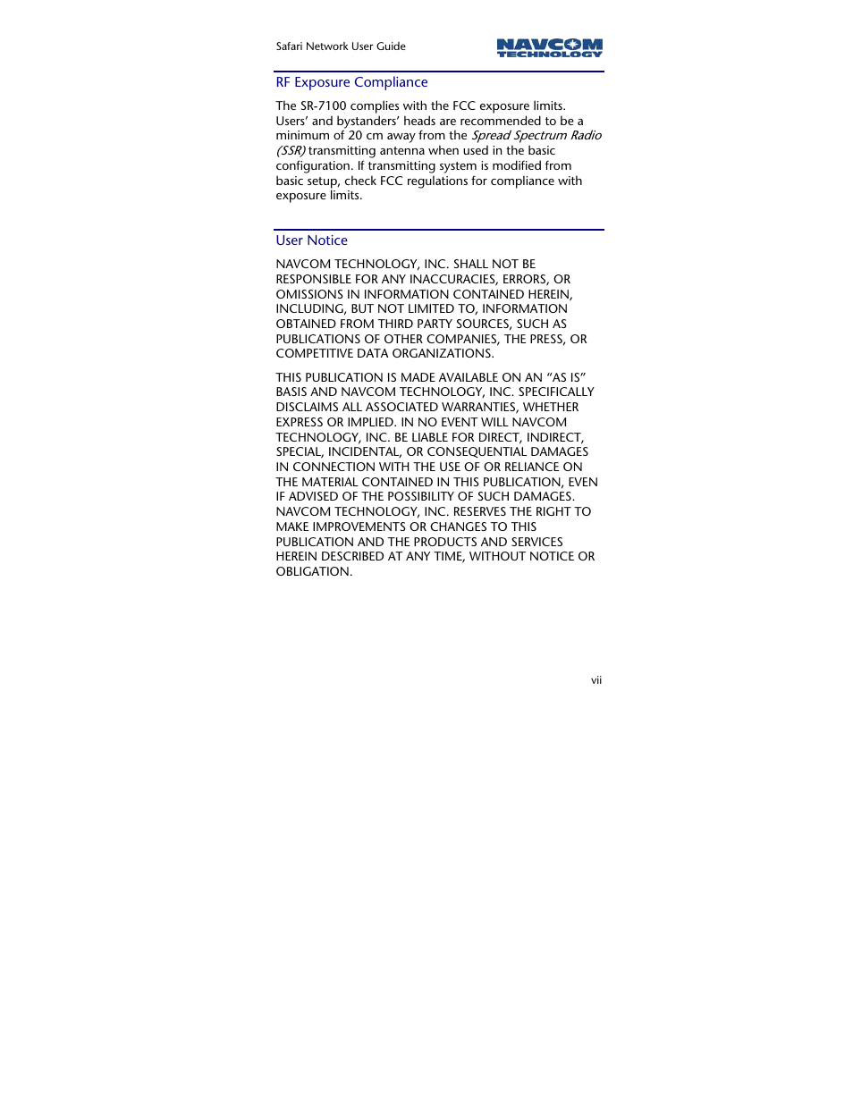 Rf exposure compliance, User notice | NavCom SR-7120 Rev.A User Manual | Page 9 / 117