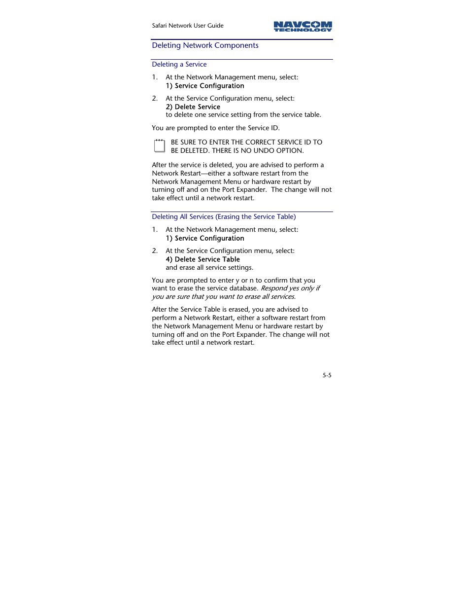 Deleting network components, Deleting a service, Deleting all services (erasing the service table) | NavCom SR-7120 Rev.A User Manual | Page 93 / 117