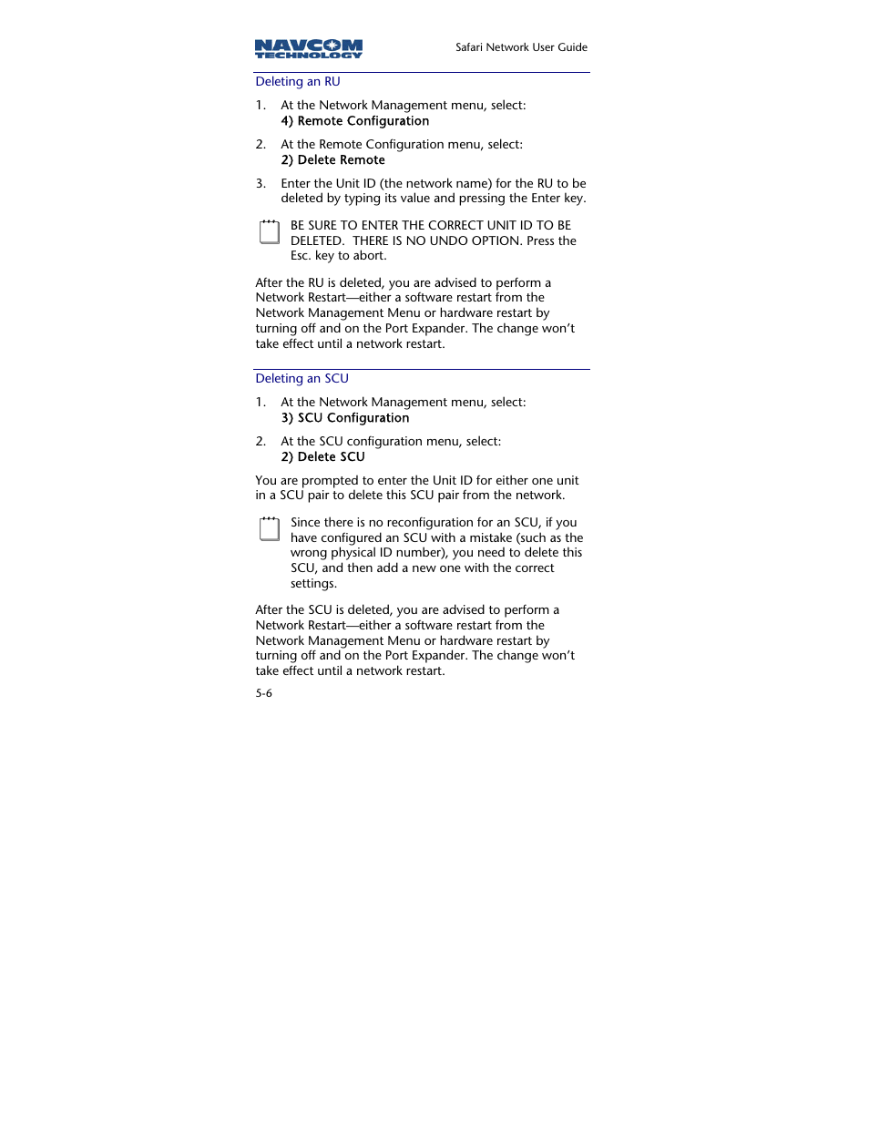 Deleting an ru, Deleting an scu | NavCom SR-7120 Rev.A User Manual | Page 94 / 117