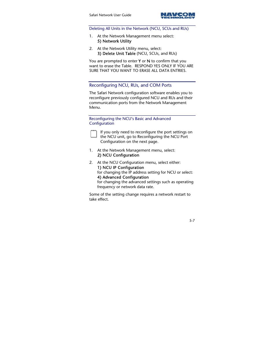 Reconfiguring ncu, rus, and com ports, Reconfiguring the ncu’s basic and advanced config | NavCom SR-7120 Rev.A User Manual | Page 95 / 117