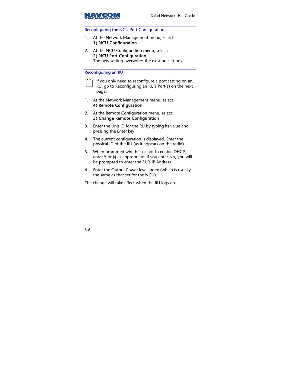 Reconfiguring the ncu port configuration, Reconfiguring an ru | NavCom SR-7120 Rev.A User Manual | Page 96 / 117