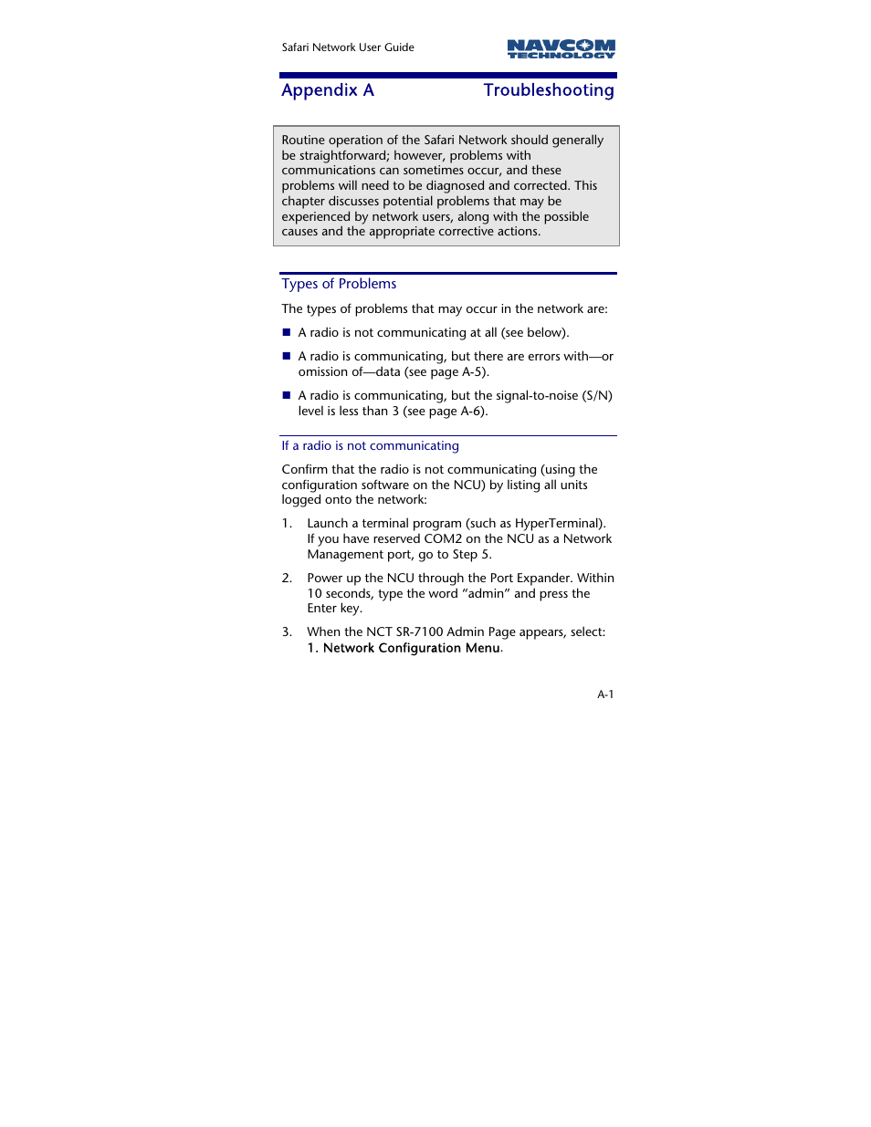 Appendix a troubleshooting, Types of problems, If a radio is not communicating | Appendix a, Troubleshooting | NavCom SR-7120 Rev.A User Manual | Page 99 / 117