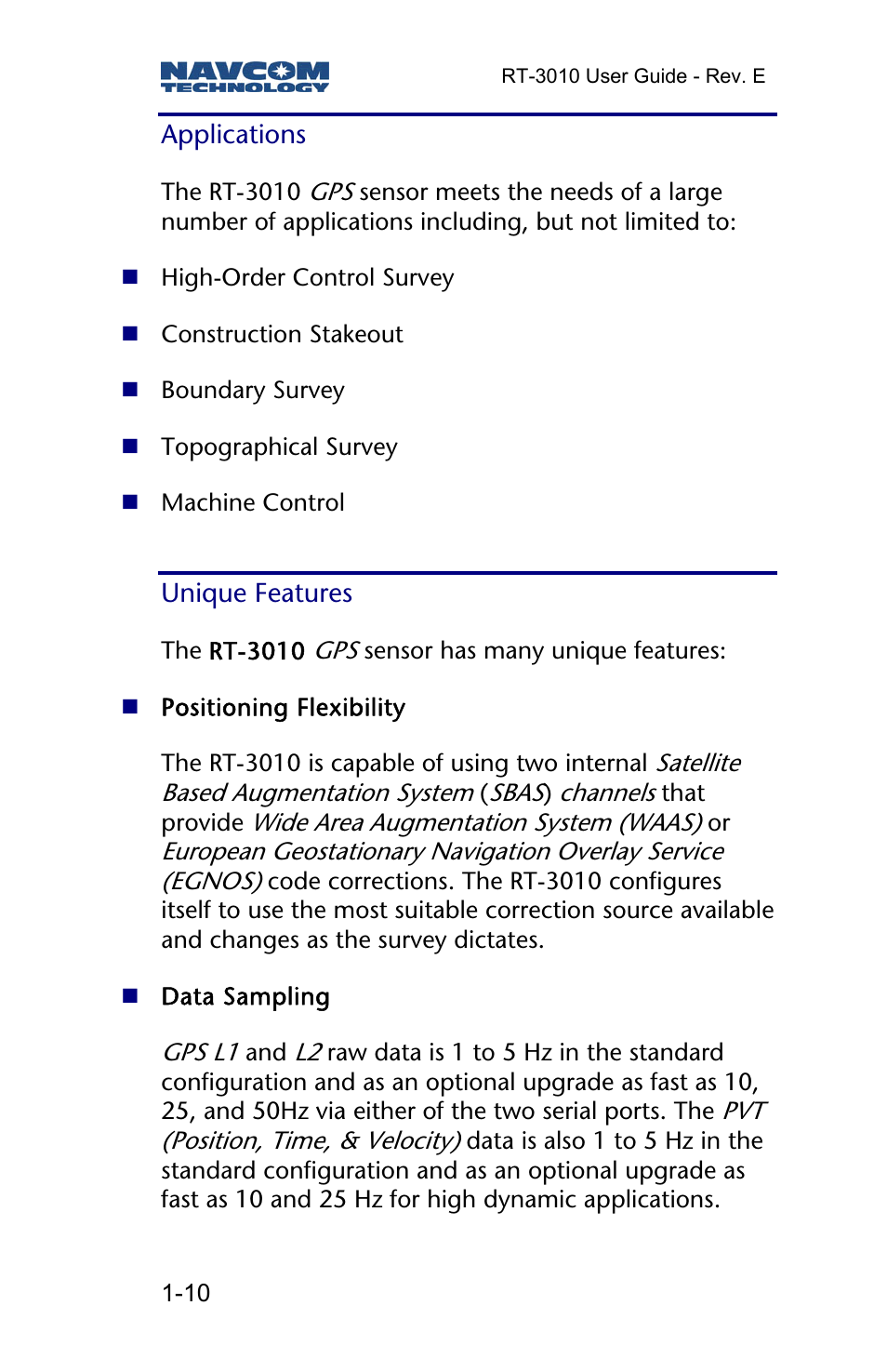 Applications, Unique features | NavCom RT-3010 Rev.E User Manual | Page 12 / 61