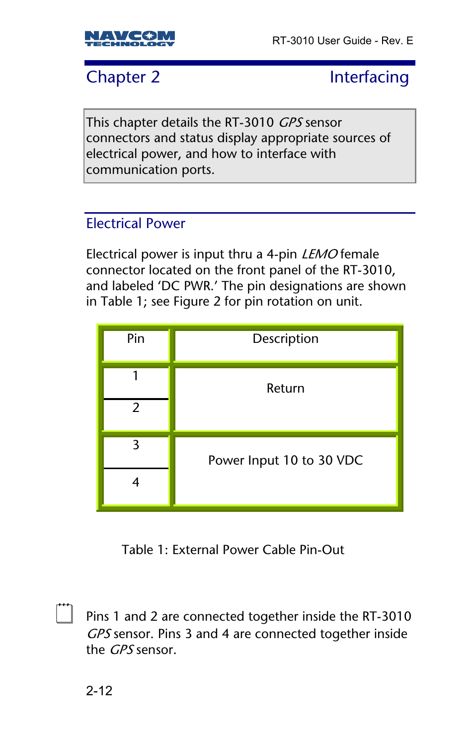 Chapter 2 interfacing, Electrical power, Chapter 2 | Interfacing | NavCom RT-3010 Rev.E User Manual | Page 14 / 61