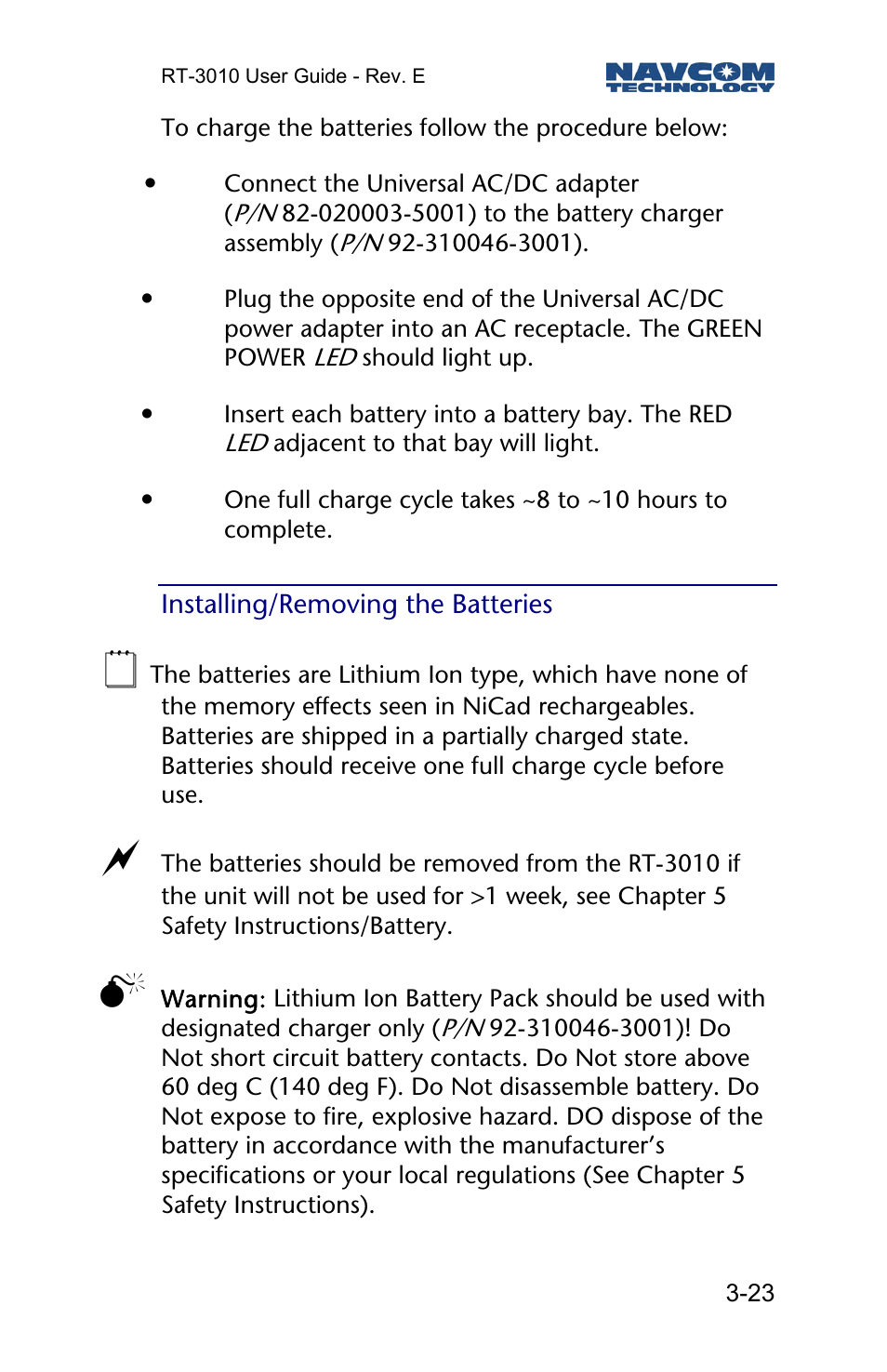 Installing/removing the batteries | NavCom RT-3010 Rev.E User Manual | Page 25 / 61