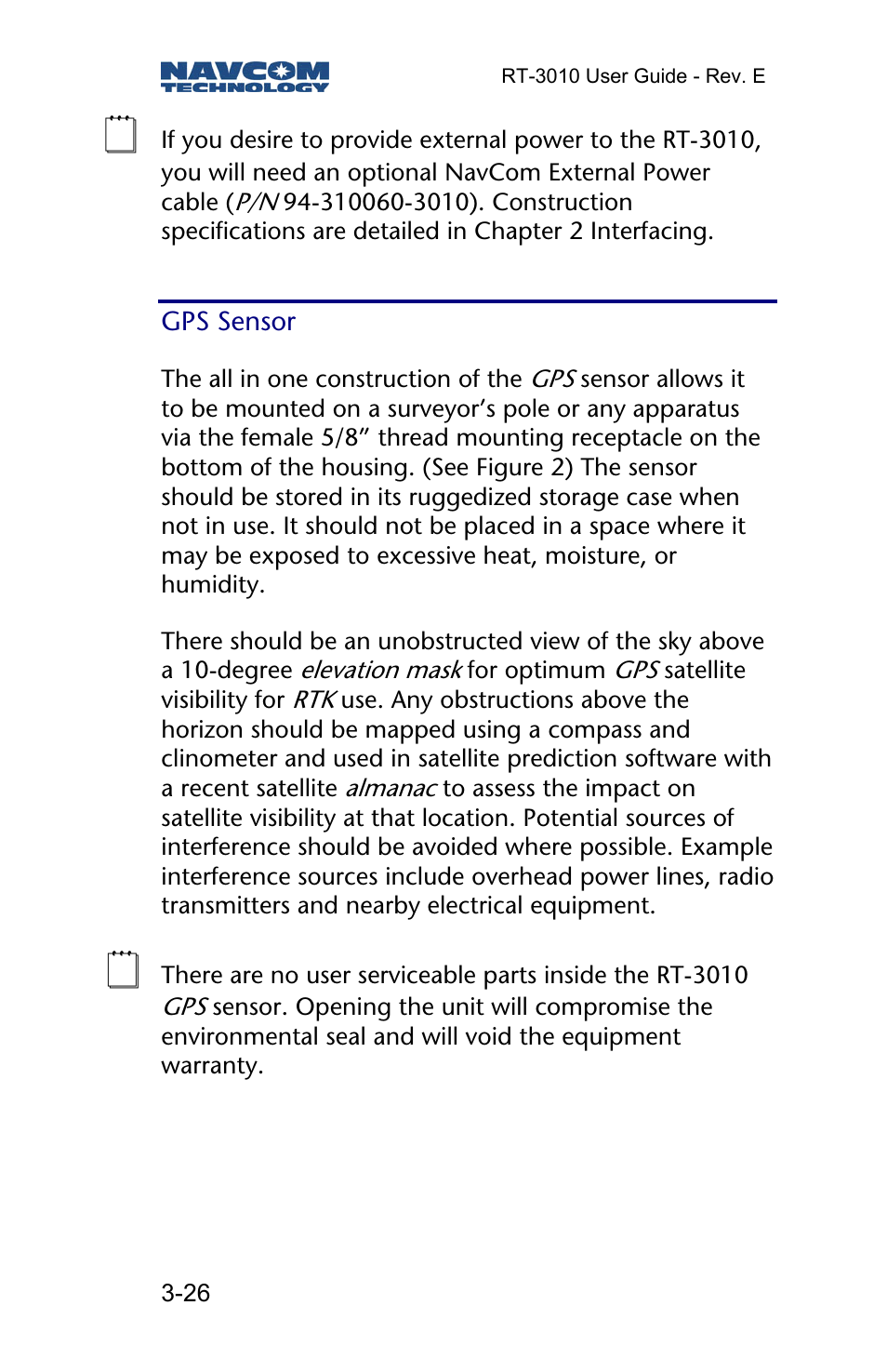 Gps sensor | NavCom RT-3010 Rev.E User Manual | Page 28 / 61