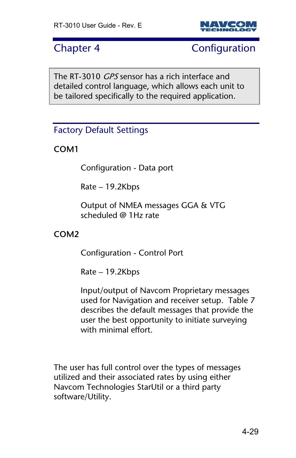 Chapter 4 configuration, Factory default settings, Chapter 4 | Configuration | NavCom RT-3010 Rev.E User Manual | Page 31 / 61