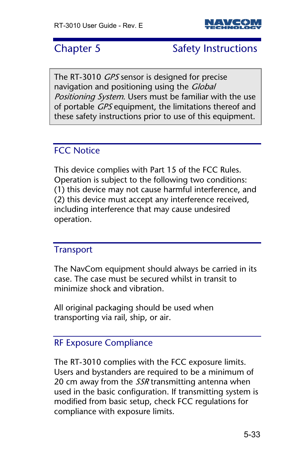 Chapter 5 safety instructions, Fcc notice, Transport | Rf exposure compliance, Chapter 5, Safety instructions | NavCom RT-3010 Rev.E User Manual | Page 35 / 61