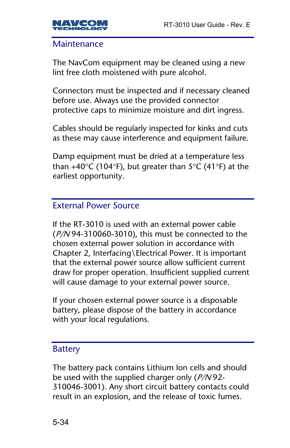 Maintenance, External power source, Battery | NavCom RT-3010 Rev.E User Manual | Page 36 / 61