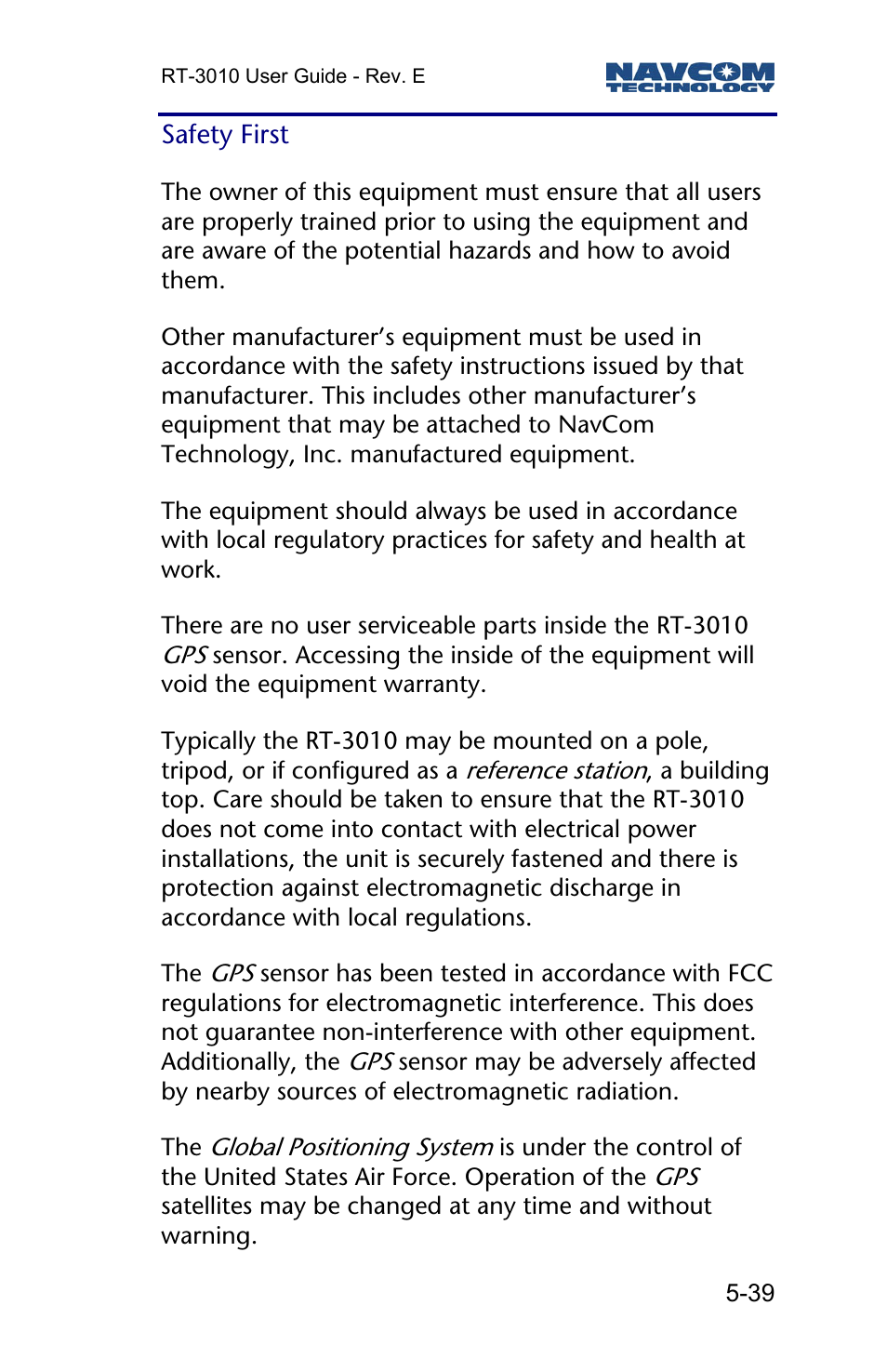 Safety first | NavCom RT-3010 Rev.E User Manual | Page 41 / 61
