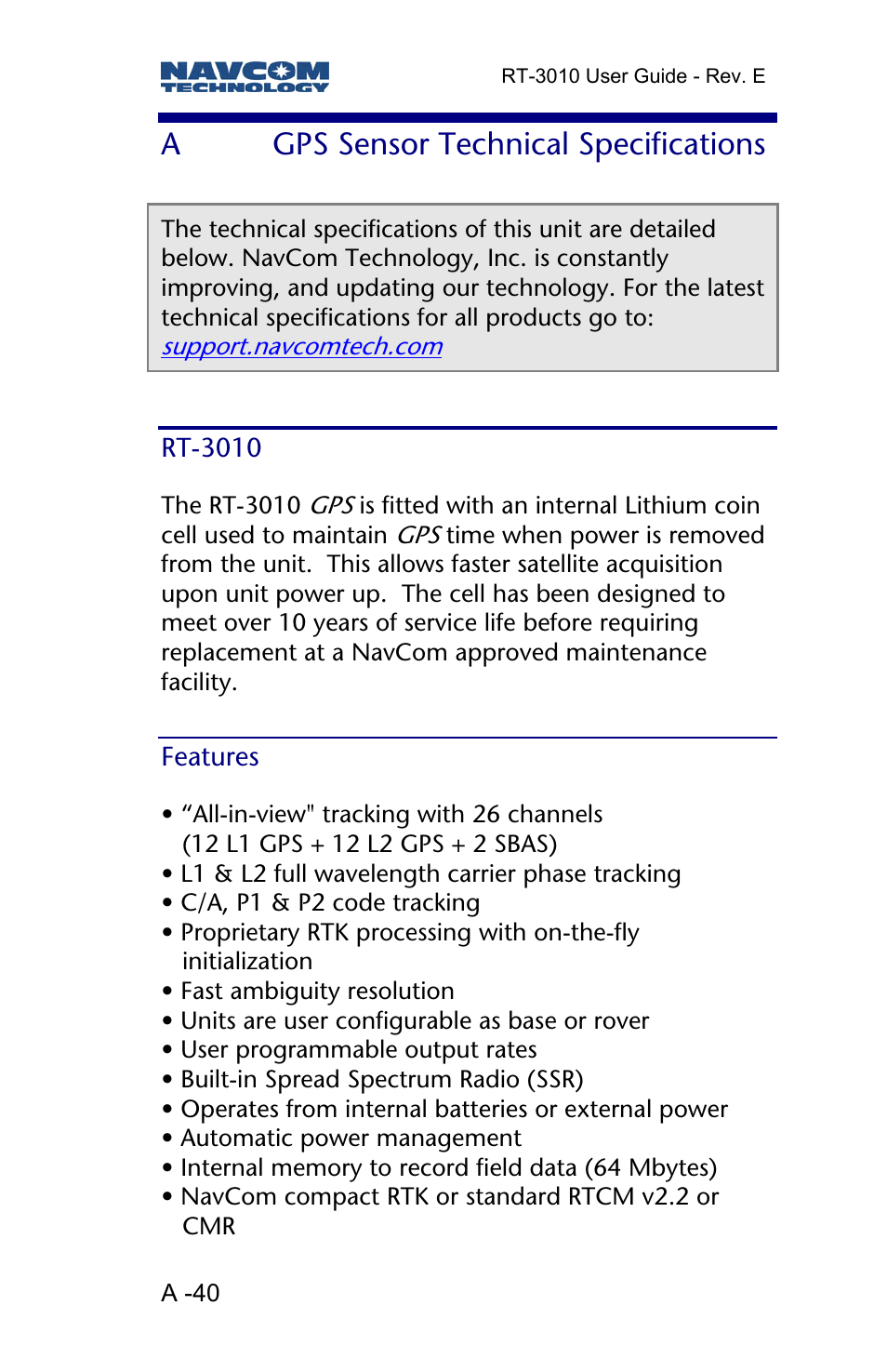 A gps sensor technical specifications, Rt-3010, Features | Gps sensor technical specifications, Agps sensor technical specifications | NavCom RT-3010 Rev.E User Manual | Page 42 / 61