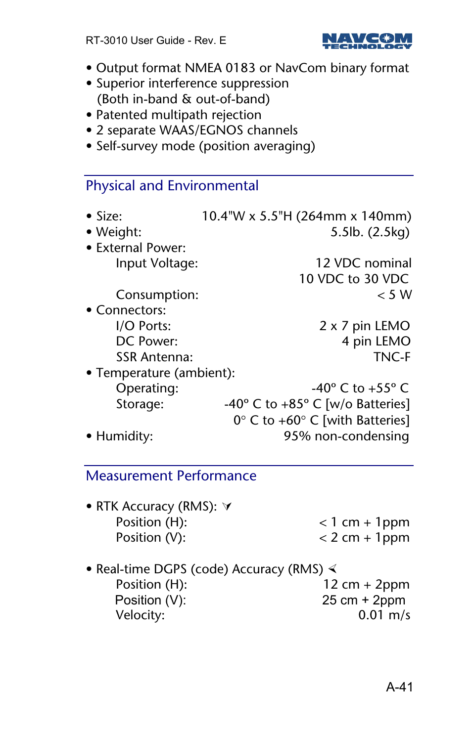 Physical and environmental, Measurement performance | NavCom RT-3010 Rev.E User Manual | Page 43 / 61