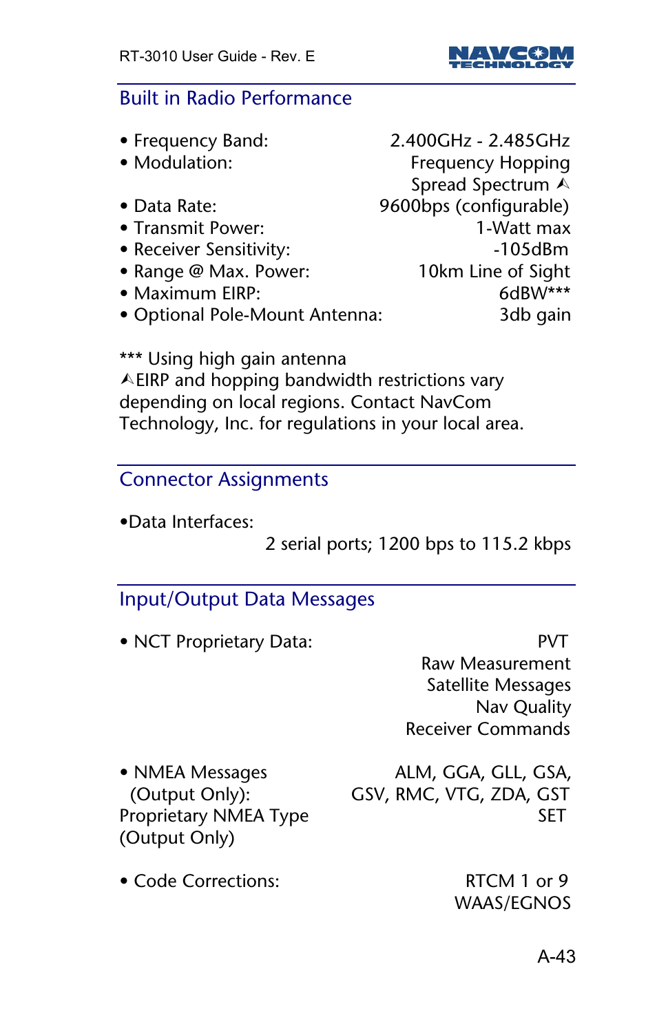 Built in radio performance, Connector assignments, Input/output data messages | NavCom RT-3010 Rev.E User Manual | Page 45 / 61