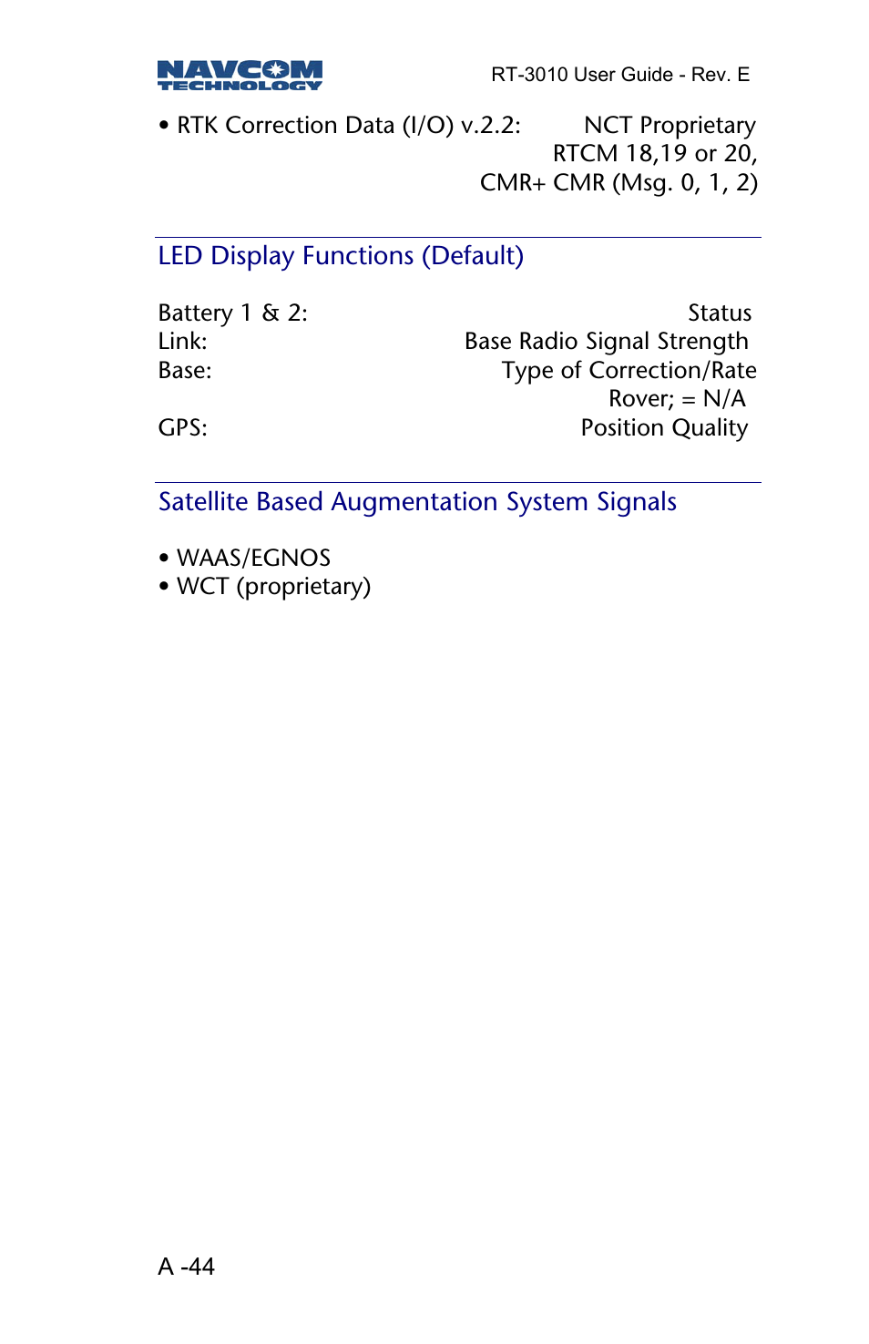 Led display functions (default), Satellite based augmentation system signals | NavCom RT-3010 Rev.E User Manual | Page 46 / 61