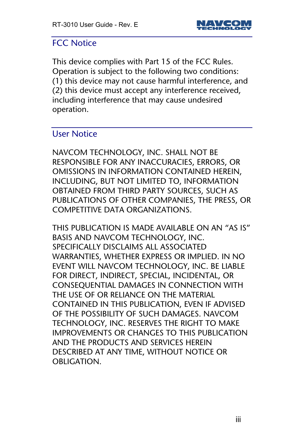 Fcc notice, User notice | NavCom RT-3010 Rev.E User Manual | Page 5 / 61