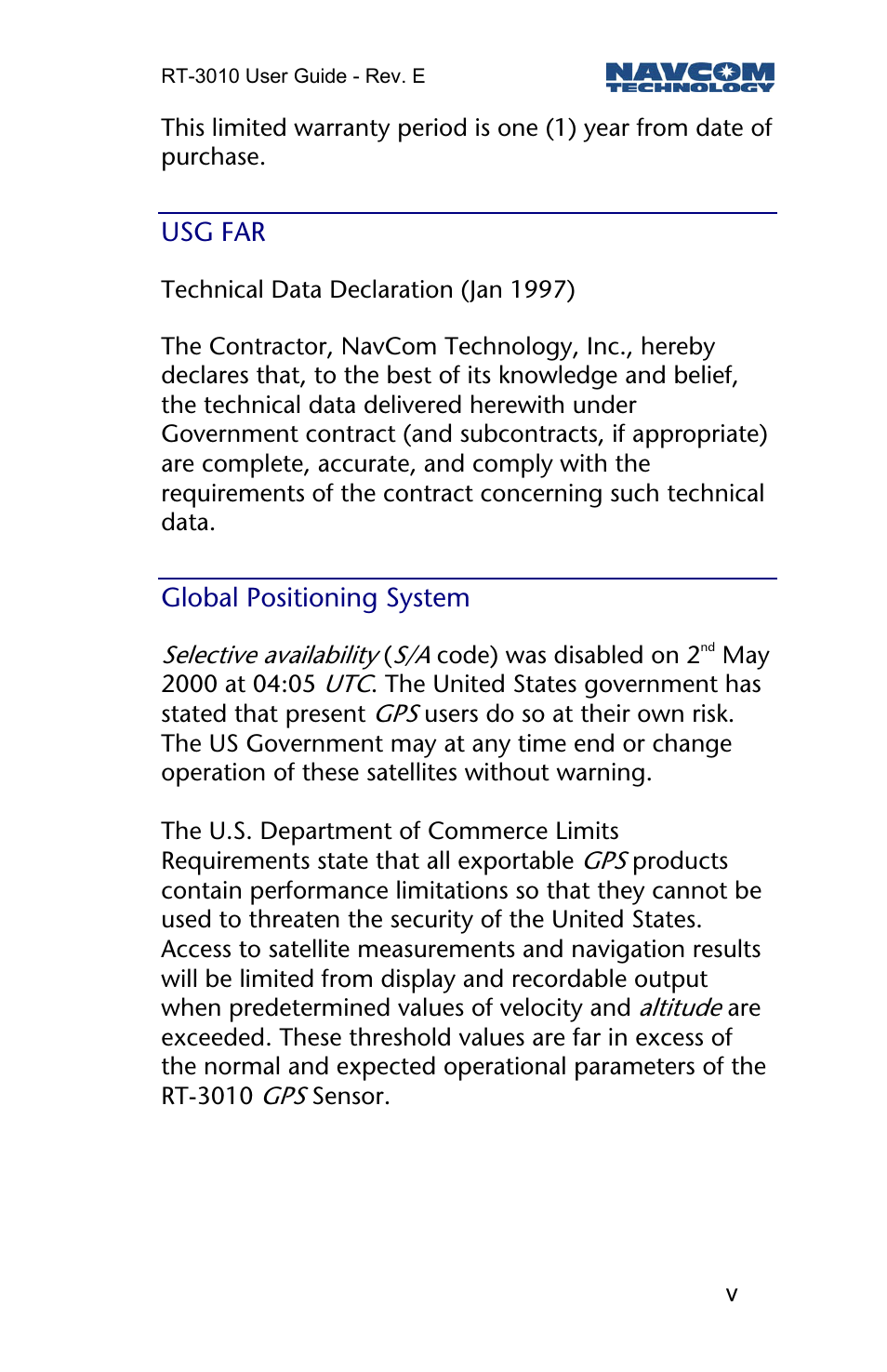 Usg far, Global positioning system | NavCom RT-3010 Rev.E User Manual | Page 7 / 61
