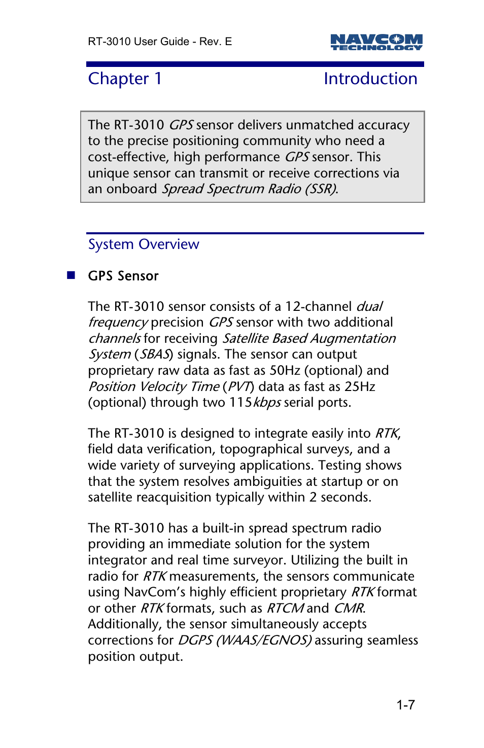 Chapter 1 introduction, System overview | NavCom RT-3010 Rev.E User Manual | Page 9 / 61