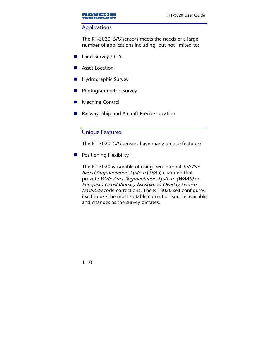 Applications, Unique features | NavCom RT-3020 Rev.A User Manual | Page 12 / 56