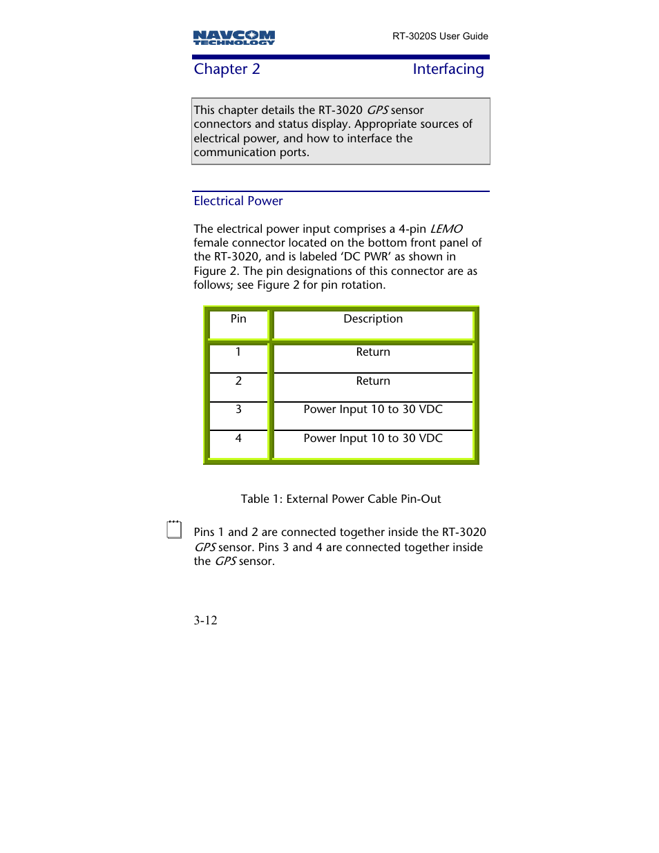 Chapter 2 interfacing, Electrical power, Chapter 2 | Interfacing | NavCom RT-3020 Rev.A User Manual | Page 14 / 56