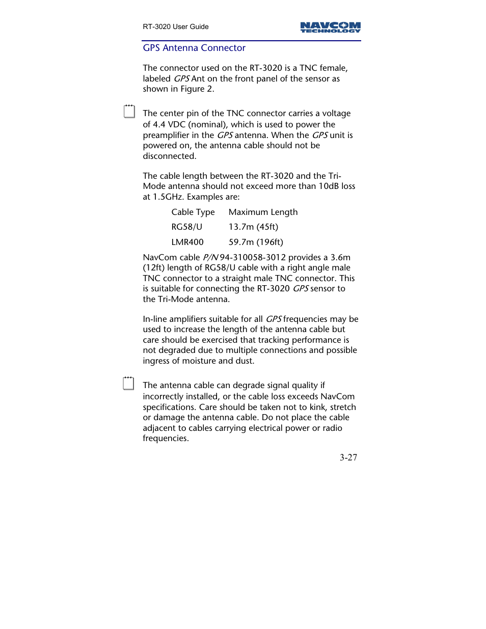 Gps antenna connector | NavCom RT-3020 Rev.A User Manual | Page 29 / 56