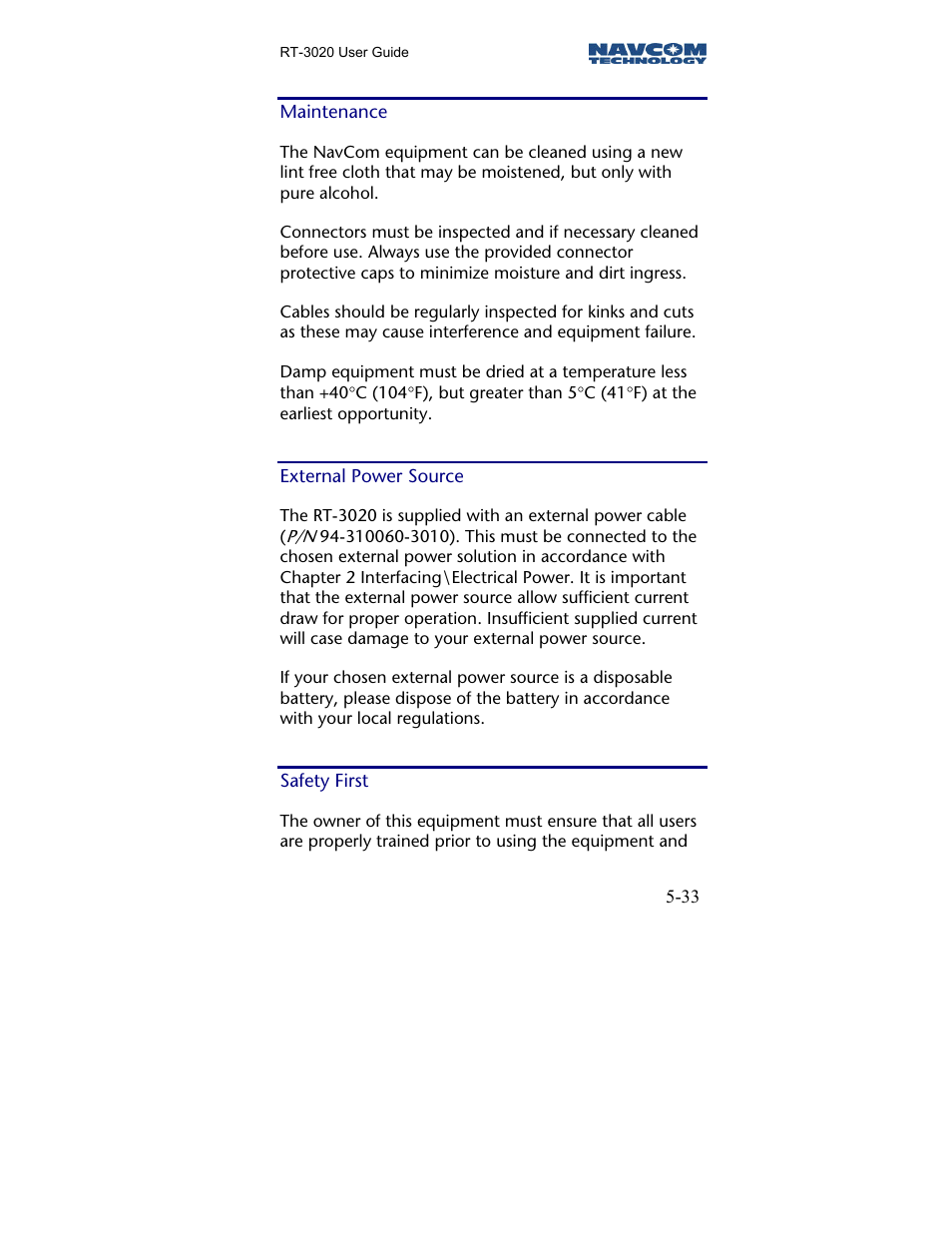 Maintenance, External power source, Safety first | NavCom RT-3020 Rev.A User Manual | Page 35 / 56