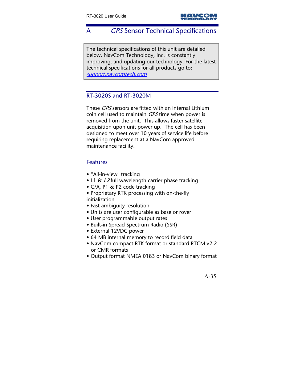 A gps sensor technical specifications, Rt-3020s and rt-3020m, Features | Sensor technical specifications | NavCom RT-3020 Rev.A User Manual | Page 37 / 56