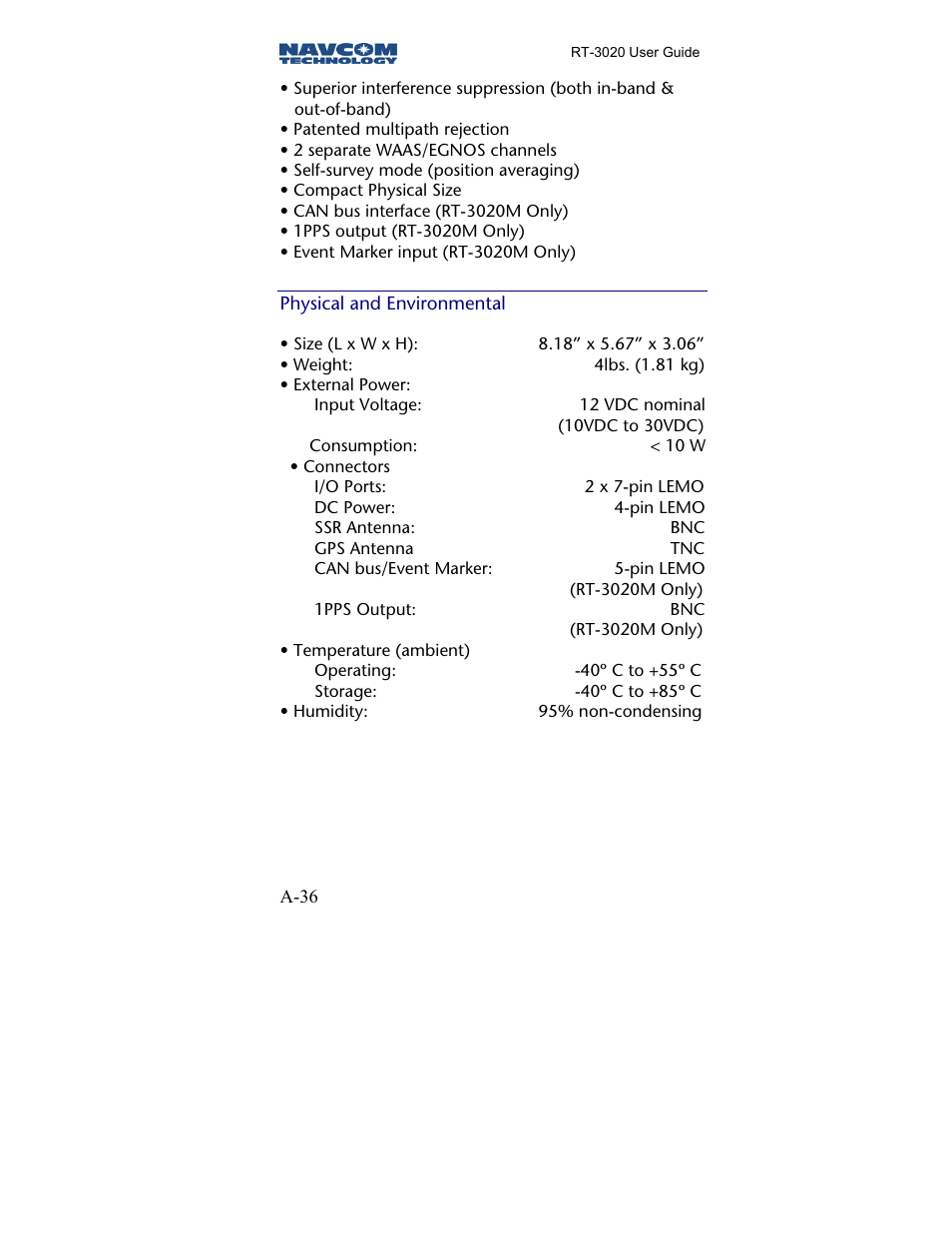 Physical and environmental | NavCom RT-3020 Rev.A User Manual | Page 38 / 56