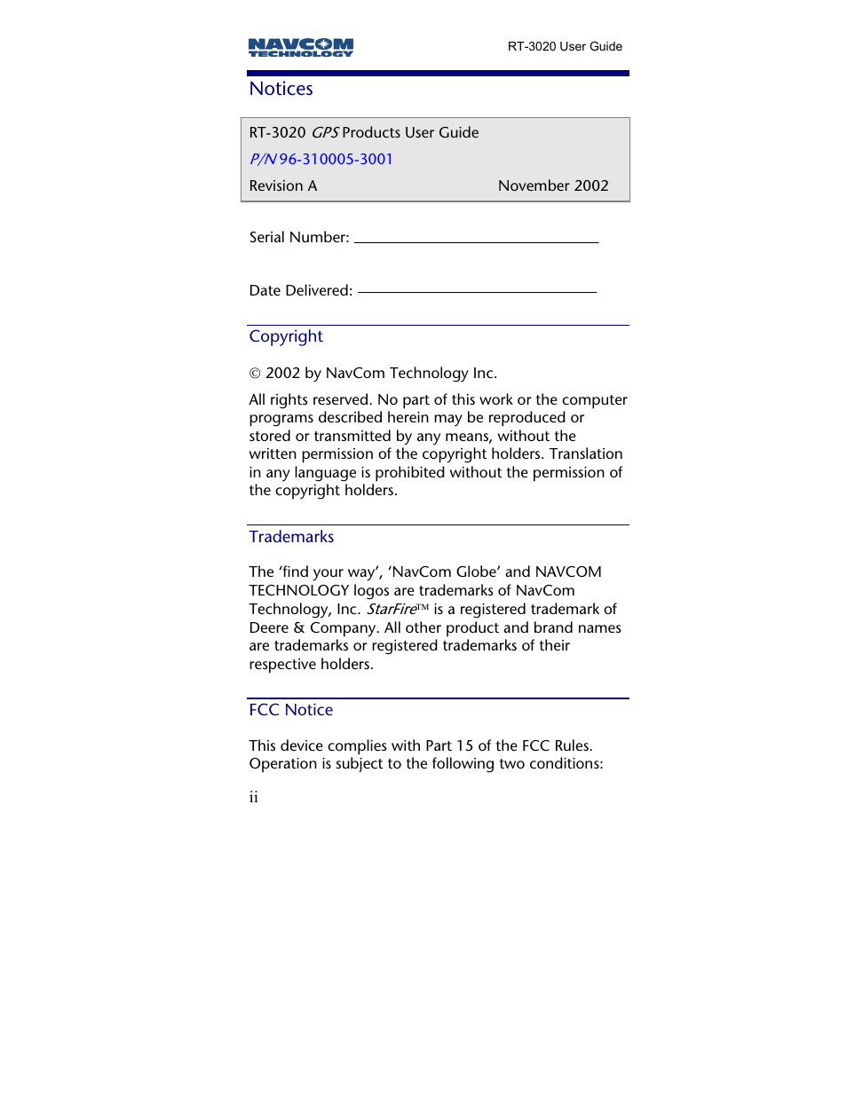 Notices, Copyright, Trademarks | Fcc notice | NavCom RT-3020 Rev.A User Manual | Page 4 / 56