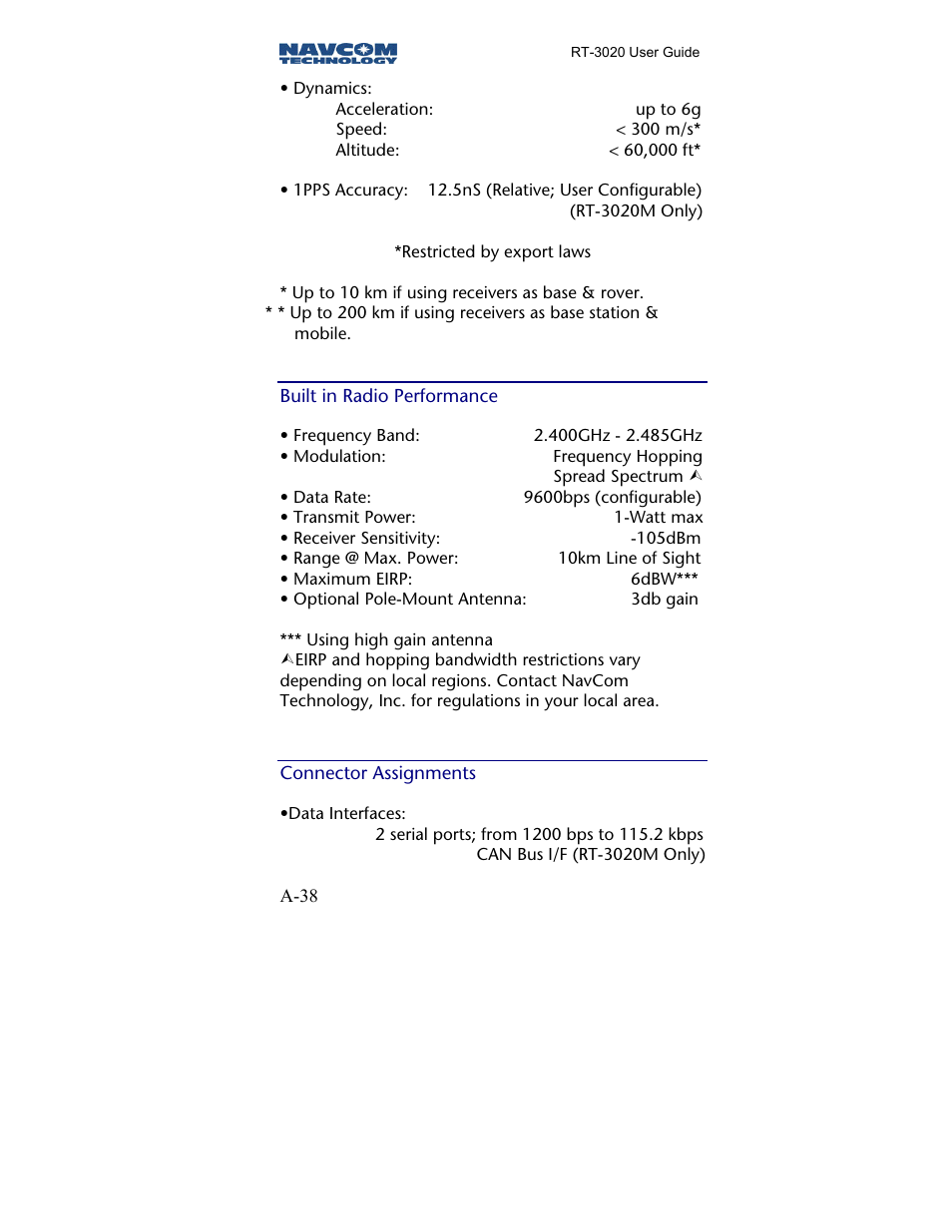 Built in radio performance, Connector assignments | NavCom RT-3020 Rev.A User Manual | Page 40 / 56