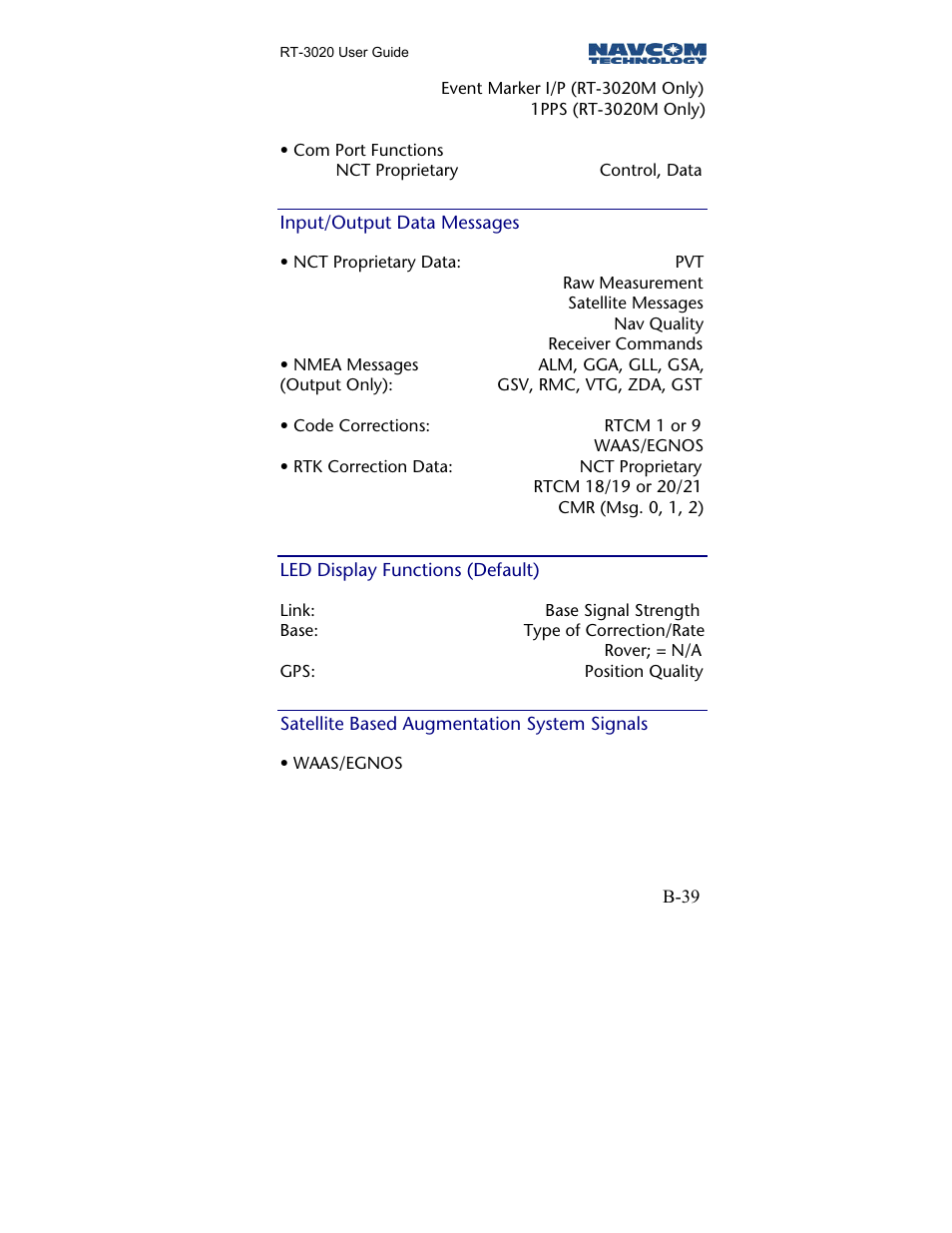 Input/output data messages, Led display functions (default), Satellite based augmentation system signals | NavCom RT-3020 Rev.A User Manual | Page 41 / 56