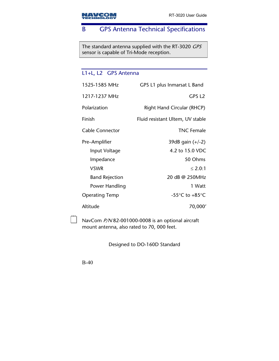 B gps antenna technical specifications, L1+l, l2 gps antenna, Gps antenna technical specifications | Bgps antenna technical specifications | NavCom RT-3020 Rev.A User Manual | Page 42 / 56