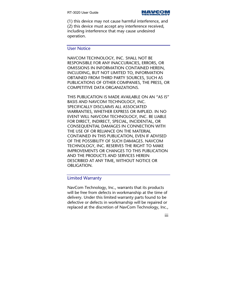 User notice, Limited warranty | NavCom RT-3020 Rev.A User Manual | Page 5 / 56