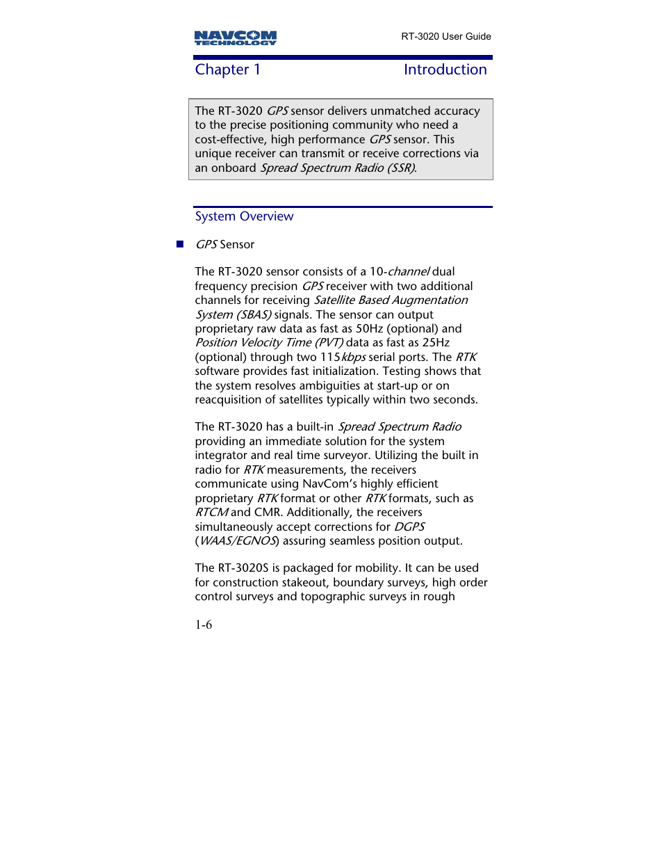 Chapter 1 introduction, System overview | NavCom RT-3020 Rev.A User Manual | Page 8 / 56