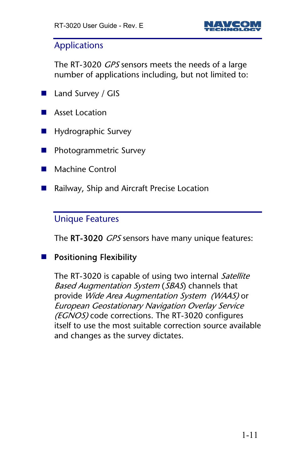 Applications, Unique features | NavCom RT-3020 Rev.D User Manual | Page 13 / 61