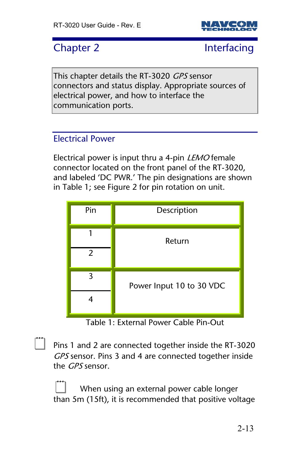 Chapter 2 interfacing, Electrical power, Chapter 2 | Interfacing | NavCom RT-3020 Rev.D User Manual | Page 15 / 61